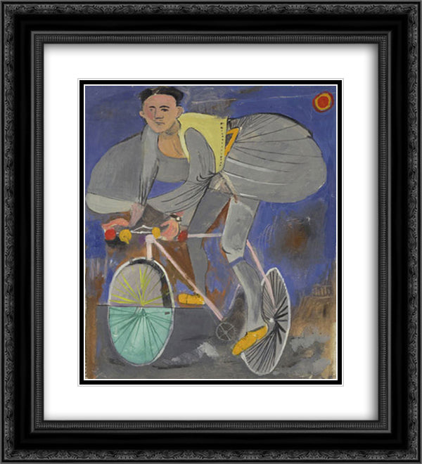Cyclist dressed up (with traditional Greek costume) and a temple on the right corner 20x22 Black Ornate Wood Framed Art Print Poster with Double Matting by Tsaroychis, Yiannis