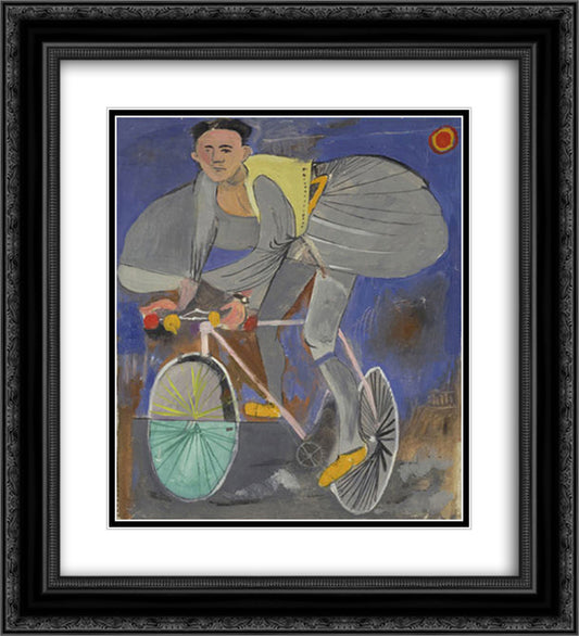 Cyclist dressed up (with traditional Greek costume) and a temple on the right corner 20x22 Black Ornate Wood Framed Art Print Poster with Double Matting by Tsaroychis, Yiannis