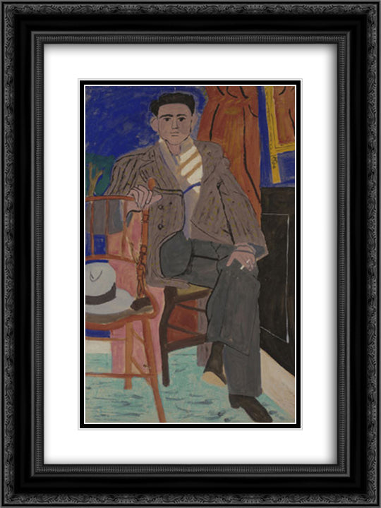Dark - haired youth seated, with a topcoat 18x24 Black Ornate Wood Framed Art Print Poster with Double Matting by Tsaroychis, Yiannis