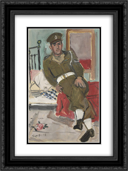 Gendarmerie sitting on bed with a fallen rose 18x24 Black Ornate Wood Framed Art Print Poster with Double Matting by Tsaroychis, Yiannis