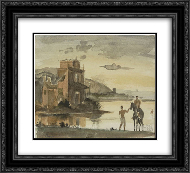 Horseman and bather with house 22x20 Black Ornate Wood Framed Art Print Poster with Double Matting by Tsaroychis, Yiannis