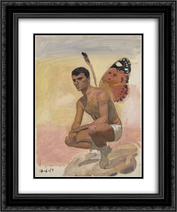 Man with butterfly wings , sitting, study from life 20x24 Black Ornate Wood Framed Art Print Poster with Double Matting by Tsaroychis, Yiannis