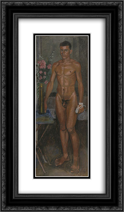 Nude youth with oleanders and a bandage on his hand 14x24 Black Ornate Wood Framed Art Print Poster with Double Matting by Tsaroychis, Yiannis