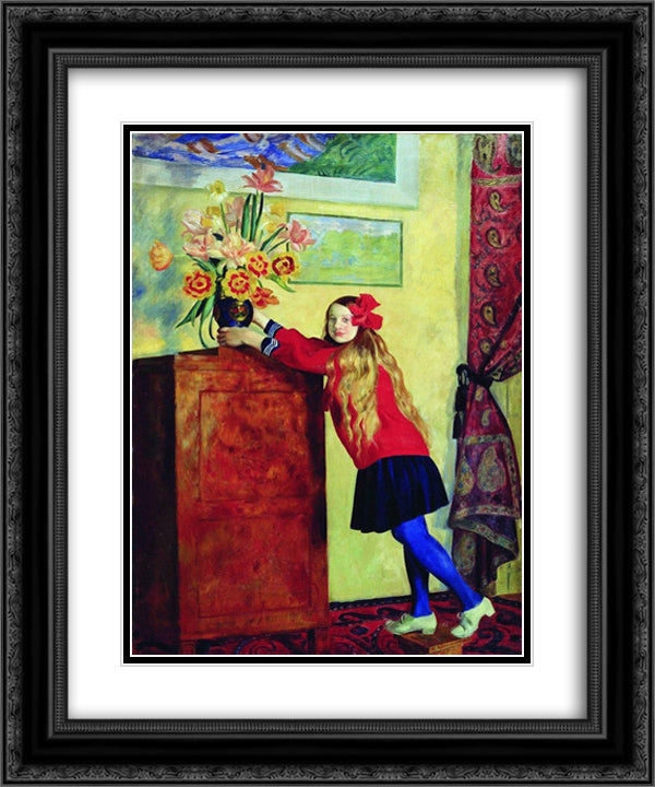 Girl with flowers 20x24 Black Ornate Wood Framed Art Print Poster with Double Matting by Kustodiev, Boris