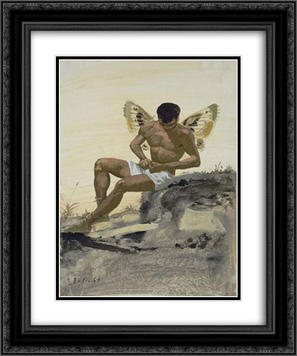 Winged spirit buttoning his underpants 20x24 Black Ornate Wood Framed Art Print Poster with Double Matting by Tsaroychis, Yiannis