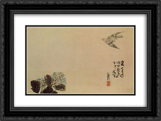 A little cuckoo across a hydrangea (Haiga) 24x18 Black Ornate Wood Framed Art Print Poster with Double Matting by Buson, Yosa