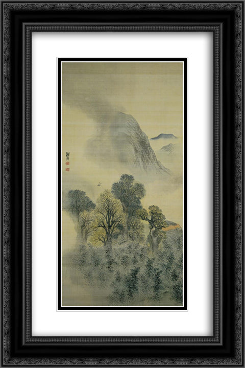 Cuckoo Flying over New Verdure 16x24 Black Ornate Wood Framed Art Print Poster with Double Matting by Buson, Yosa