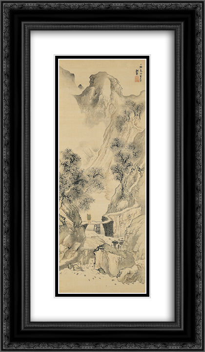 Landscape with a Solitary Traveler 14x24 Black Ornate Wood Framed Art Print Poster with Double Matting by Buson, Yosa