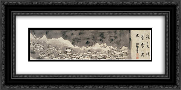 Snowclad houses in the night 24x12 Black Ornate Wood Framed Art Print Poster with Double Matting by Buson, Yosa