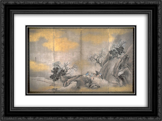 Travelers on Horseback on a Mountain in Spring 24x18 Black Ornate Wood Framed Art Print Poster with Double Matting by Buson, Yosa