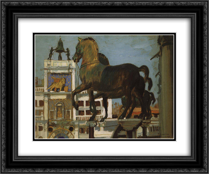 Horses of St. Mark. Venice 24x20 Black Ornate Wood Framed Art Print Poster with Double Matting by Kustodiev, Boris