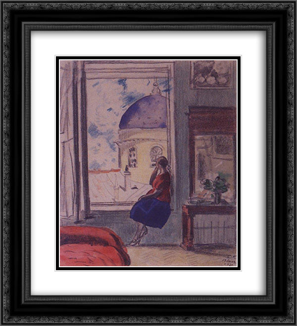 Interior. The female figure at the window (in studio) 20x22 Black Ornate Wood Framed Art Print Poster with Double Matting by Kustodiev, Boris