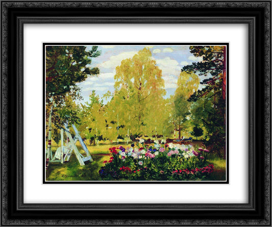 Landscape with a flowerbed 24x20 Black Ornate Wood Framed Art Print Poster with Double Matting by Kustodiev, Boris