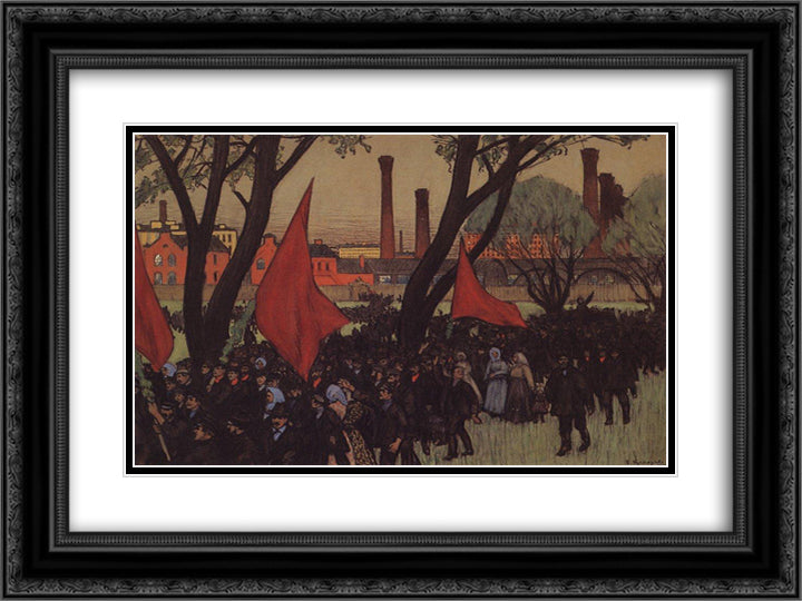 May Day demonstration in Putilov 24x18 Black Ornate Wood Framed Art Print Poster with Double Matting by Kustodiev, Boris