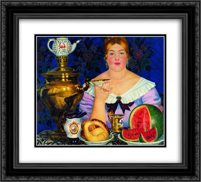 Mercahnt's Wife Drinking Tea 22x20 Black Ornate Wood Framed Art Print Poster with Double Matting by Kustodiev, Boris