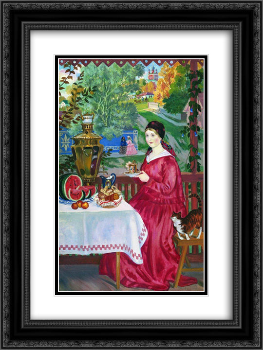 Merchant's wife on the balcony 18x24 Black Ornate Wood Framed Art Print Poster with Double Matting by Kustodiev, Boris