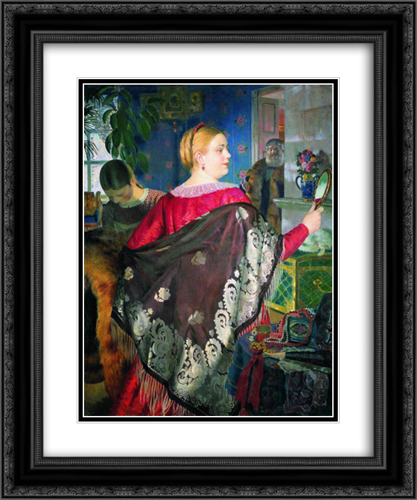 Merchant's Woman with a Mirror 20x24 Black Ornate Wood Framed Art Print Poster with Double Matting by Kustodiev, Boris