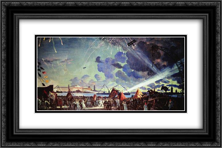 Night celebration on the Neva 24x16 Black Ornate Wood Framed Art Print Poster with Double Matting by Kustodiev, Boris