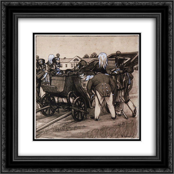 Officers near the carriage 20x20 Black Ornate Wood Framed Art Print Poster with Double Matting by Kustodiev, Boris