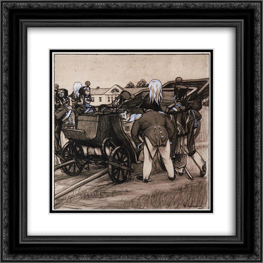 Officers near the carriage 20x20 Black Ornate Wood Framed Art Print Poster with Double Matting by Kustodiev, Boris