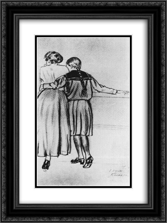 On the bridge (the wife and daughter of the artist) 18x24 Black Ornate Wood Framed Art Print Poster with Double Matting by Kustodiev, Boris