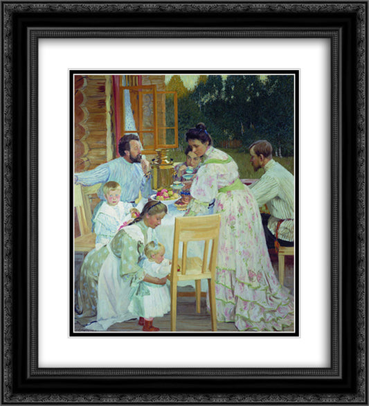 On the Terrace 20x22 Black Ornate Wood Framed Art Print Poster with Double Matting by Kustodiev, Boris