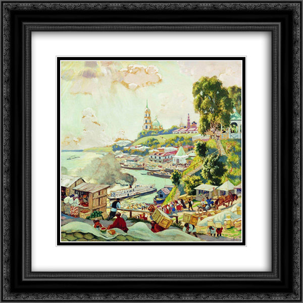 On the Volga 20x20 Black Ornate Wood Framed Art Print Poster with Double Matting by Kustodiev, Boris