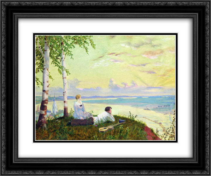 On the Volga 24x20 Black Ornate Wood Framed Art Print Poster with Double Matting by Kustodiev, Boris