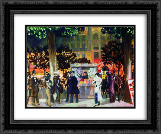 Paris Boulevard at Night 24x20 Black Ornate Wood Framed Art Print Poster with Double Matting by Kustodiev, Boris