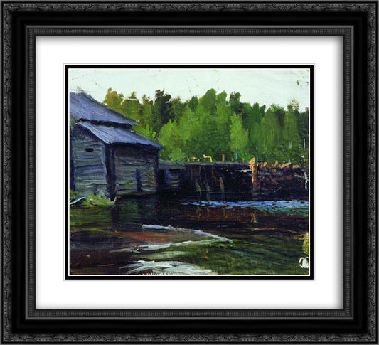 Pavlov's mill on the river Yahrust 22x20 Black Ornate Wood Framed Art Print Poster with Double Matting by Kustodiev, Boris