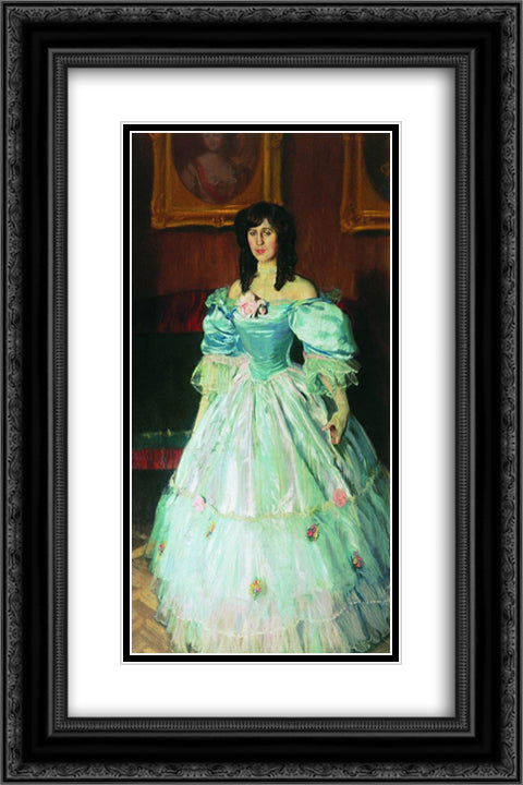 Portrait of a Woman in Blue (Portrait P. Sudkovskaya) 16x24 Black Ornate Wood Framed Art Print Poster with Double Matting by Kustodiev, Boris