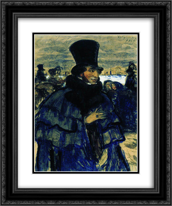 Portrait of Alexander Pushkin on the Neva Embankment 20x24 Black Ornate Wood Framed Art Print Poster with Double Matting by Kustodiev, Boris