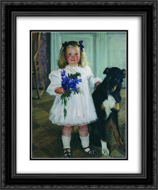 Portrait of Irina Kustodiev with the dog Shumka 20x24 Black Ornate Wood Framed Art Print Poster with Double Matting by Kustodiev, Boris