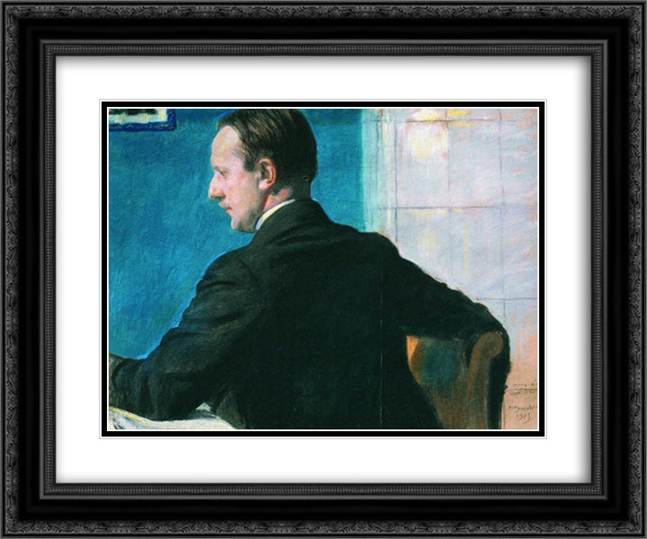 Portrait of M.V. Dobuzhinsky 24x20 Black Ornate Wood Framed Art Print Poster with Double Matting by Kustodiev, Boris
