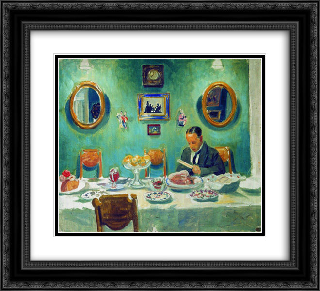 Portrait of M.V. Dobuzhinsky at the table 22x20 Black Ornate Wood Framed Art Print Poster with Double Matting by Kustodiev, Boris