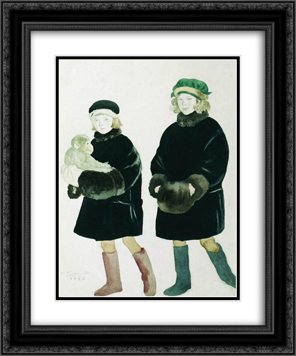 Portrait of Martha and Marina Chaliapin 20x24 Black Ornate Wood Framed Art Print Poster with Double Matting by Kustodiev, Boris