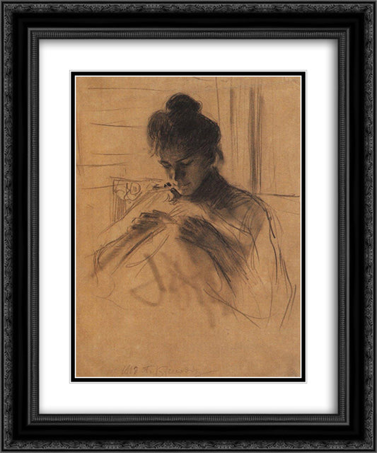 Portrait of Y.E. Kustodieva 20x24 Black Ornate Wood Framed Art Print Poster with Double Matting by Kustodiev, Boris