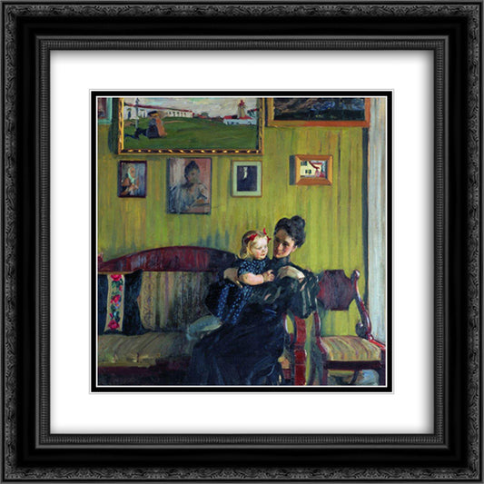 Portrait of Y.E. Kustodieva with daughter Irina 20x20 Black Ornate Wood Framed Art Print Poster with Double Matting by Kustodiev, Boris