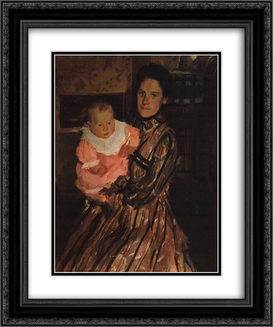 Portrait of Y.E. Kustodieva with son 20x24 Black Ornate Wood Framed Art Print Poster with Double Matting by Kustodiev, Boris