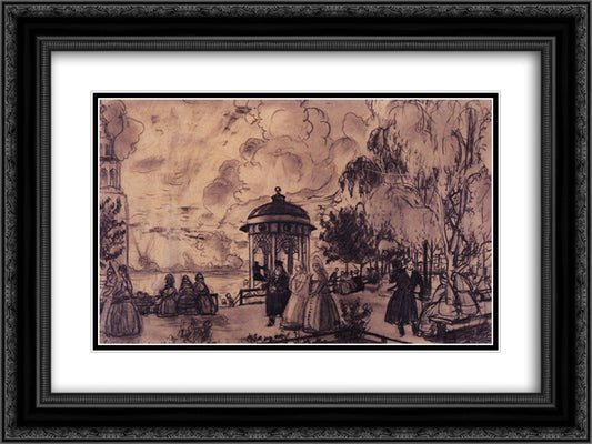 Public garden on the bank of the Volga (festivities on the banks of the Volga) 24x18 Black Ornate Wood Framed Art Print Poster with Double Matting by Kustodiev, Boris
