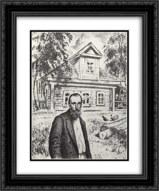 S.P. Podyachev in his hut in the village Obolyaninove 20x24 Black Ornate Wood Framed Art Print Poster with Double Matting by Kustodiev, Boris