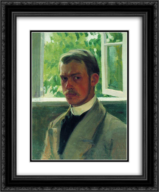 Self Portrait near the Window 20x24 Black Ornate Wood Framed Art Print Poster with Double Matting by Kustodiev, Boris