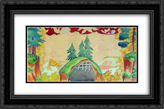 Sketch of decorations for puppet show The Rooster - Gold Scallop 24x16 Black Ornate Wood Framed Art Print Poster with Double Matting by Kustodiev, Boris