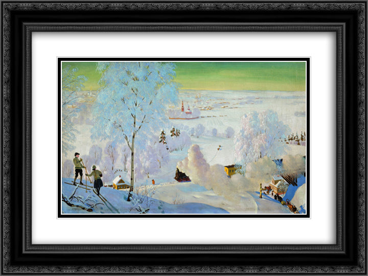 Skiers 24x18 Black Ornate Wood Framed Art Print Poster with Double Matting by Kustodiev, Boris