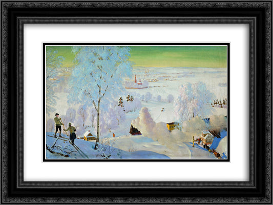 Skiers 24x18 Black Ornate Wood Framed Art Print Poster with Double Matting by Kustodiev, Boris