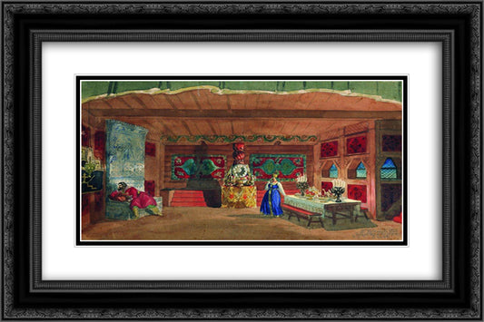 Stage design for Nikolai Rimsky-Korsakov's opera the 'The Tsar's bride' 24x16 Black Ornate Wood Framed Art Print Poster with Double Matting by Kustodiev, Boris
