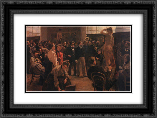 Statement of the model in the studio of Ilya Repin Academy of Arts 24x18 Black Ornate Wood Framed Art Print Poster with Double Matting by Kustodiev, Boris