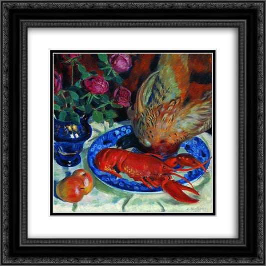 Still Life with Pheasant 20x20 Black Ornate Wood Framed Art Print Poster with Double Matting by Kustodiev, Boris