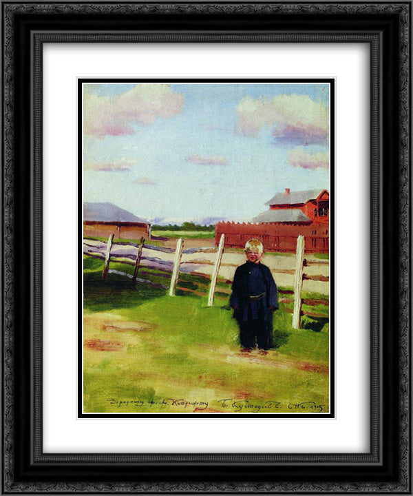 The boy at the fence 20x24 Black Ornate Wood Framed Art Print Poster with Double Matting by Kustodiev, Boris
