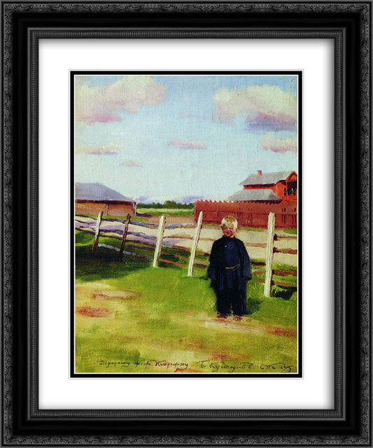 The boy at the fence 20x24 Black Ornate Wood Framed Art Print Poster with Double Matting by Kustodiev, Boris